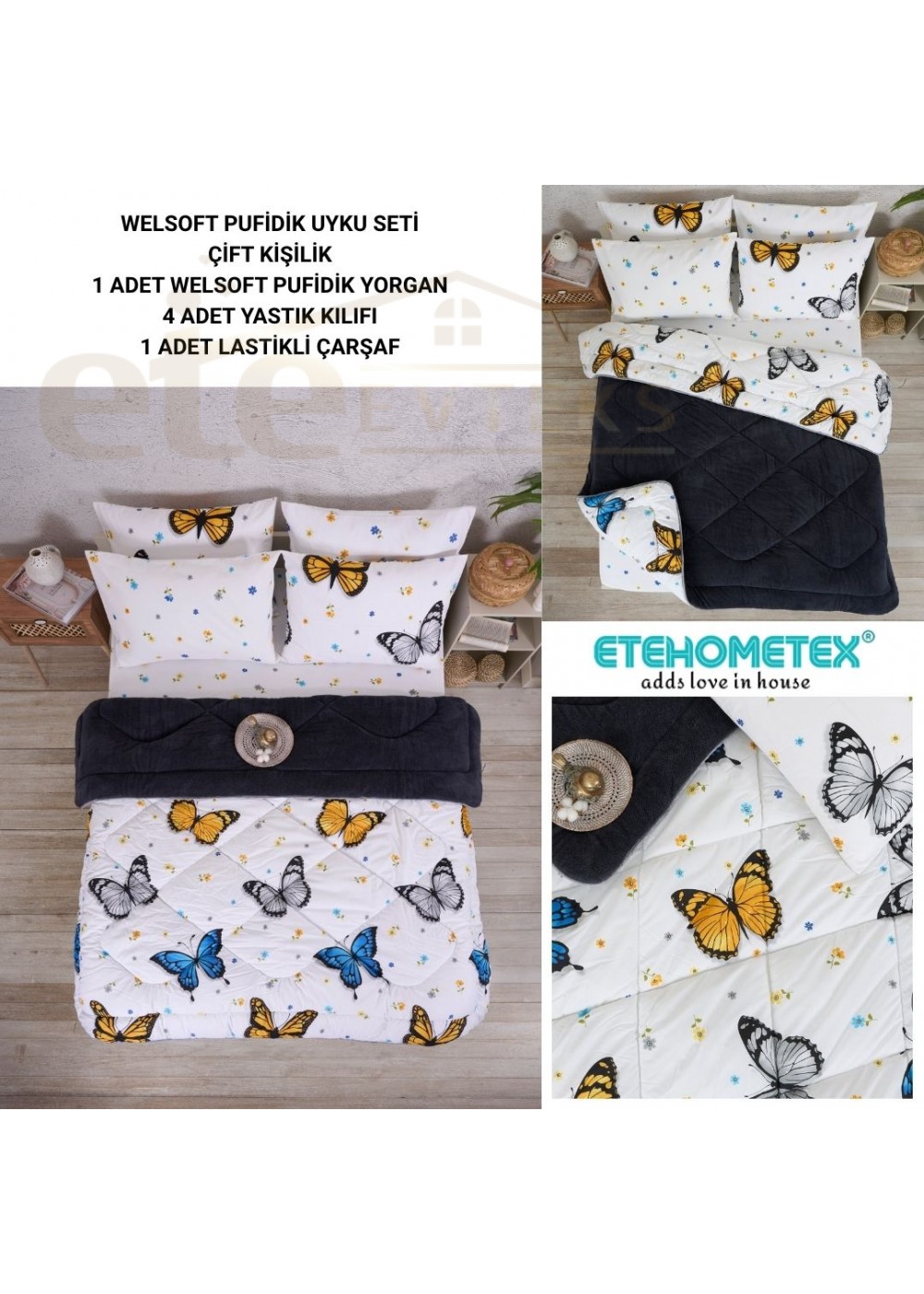 ETE HOMETEX ÇİFT KİŞİLİK WELSOFT UYKU SETİ KELEBEK ANTRASİT 8696474231862